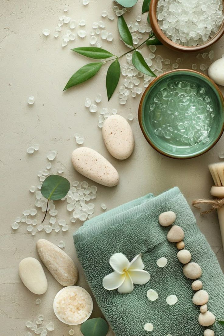 Spa flatlay with towels, stones and jasmine flower